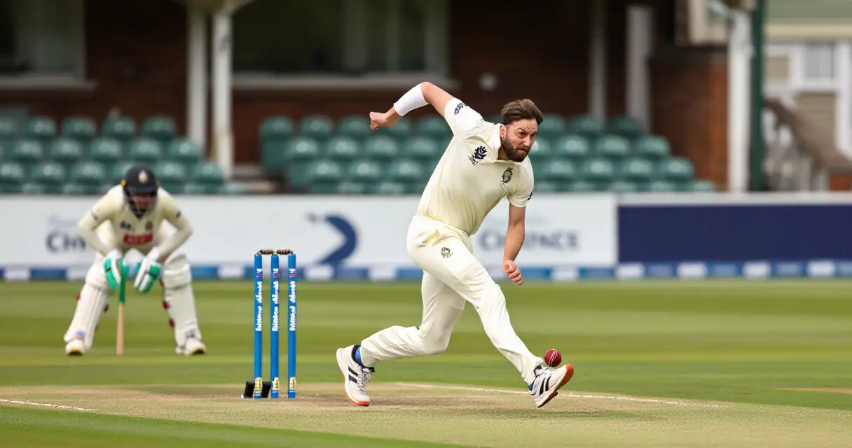 Fast bowler delivering the ball during a cricket match on a grass pitch